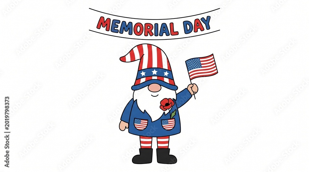 Obraz premium Happy Memorial Day gnome celebrating with American flag and poppy