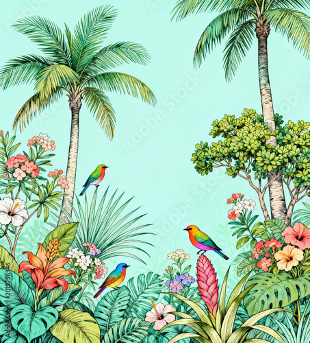 Vibrant Tropical Jungle Scene with Colorful Songbirds and Plants
