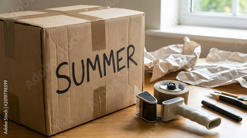 Cardboard box labeled summer isolated on transparent background