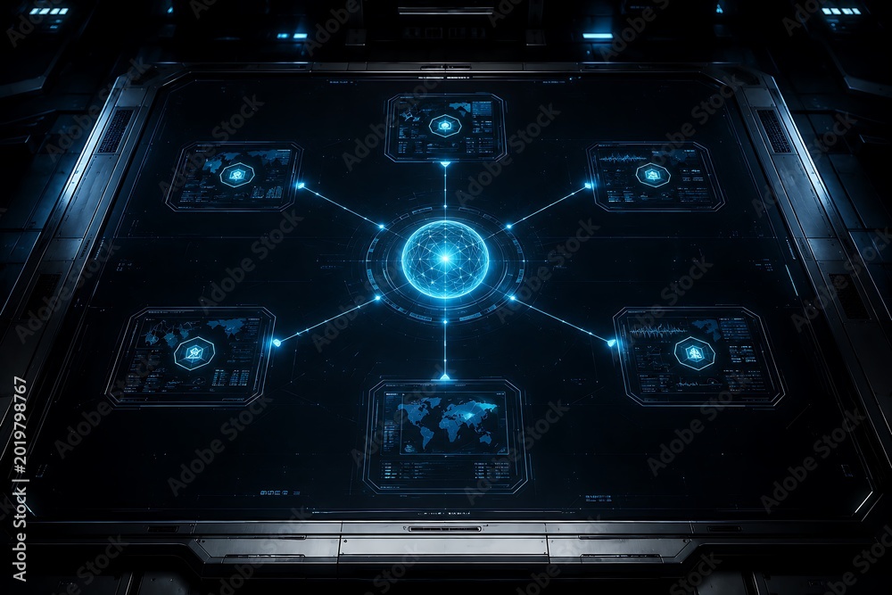 Fototapeta premium Futuristic blue sci-fi interface with glowing orb and screens