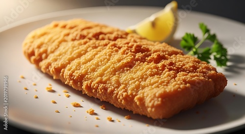 Breaded and fried fish fillet.
