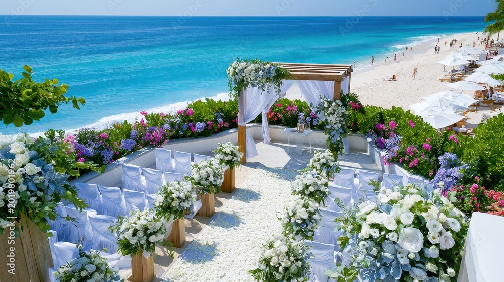 Obraz premium Elegant beach wedding ceremony setup with floral decorations and ocean view