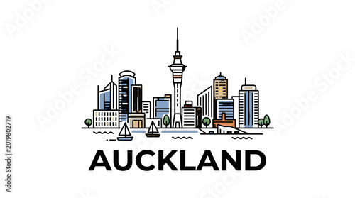 Stylized minimalist illustration of Auckland city skyline featuring landmark buildings and harbor with sailboats and green trees