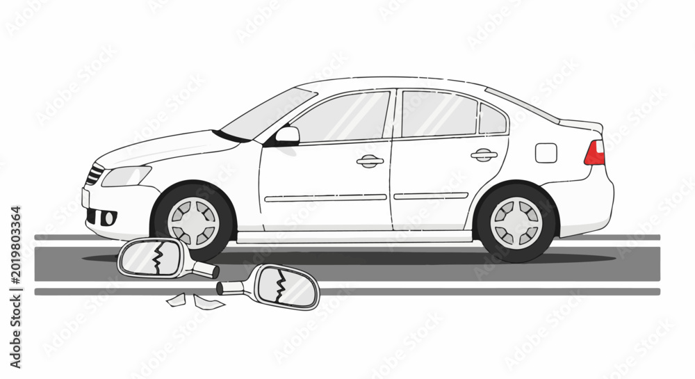 Obraz premium A white sedan with a broken side mirror and shattered glass on a road