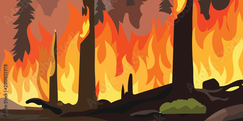Vector illustration of a forest fire with flames and trees burning fiercely in a wildfire scene