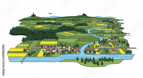 An aerial view of a rural landscape with villages, farms, and a river