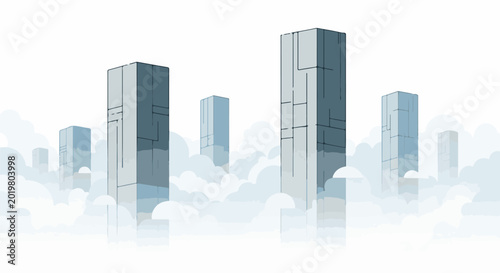 Abstract towers emerge from misty clouds under a bright sky