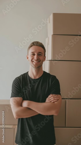 A man in front of boxes in an apartment, moving to a new apartment