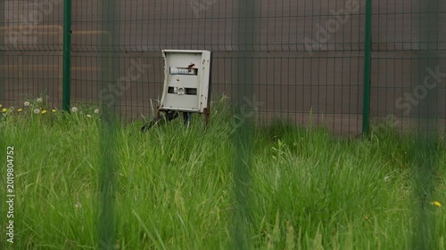Damaged electrical control box standing in tall green grass near a metal fence. Weathered utility infrastructure surrounded by overgrown vegetation, highlighting maintenance and neglect concepts.