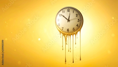A melting clock dissolves against radiant yellow, symbolizing time’s fragility, surreal impermanence, and the dreamlike tension between rigid measurement and fluid, uncontrollable passage of existence