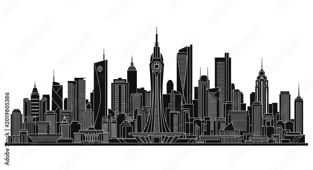 Fototapeta premium Modern city skyline silhouette with tall skyscrapers, urban architecture
