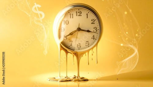 A melting clock dissolves against radiant yellow, symbolizing time’s fragility, surreal impermanence, and the dreamlike tension between rigid measurement and fluid, uncontrollable passage of existence