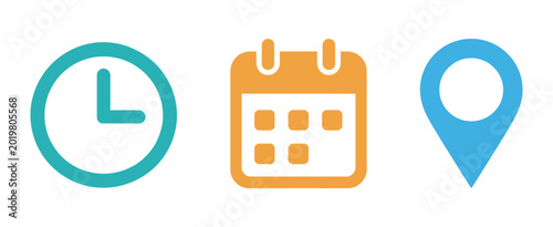 Billede på lærred Calendar clock location pin icon vector set, date time and place notification symbols, scheduling and reminder UI graphics, modern minimal interface design elements