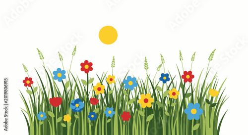 A vibrant meadow with colorful wildflowers under a bright sun