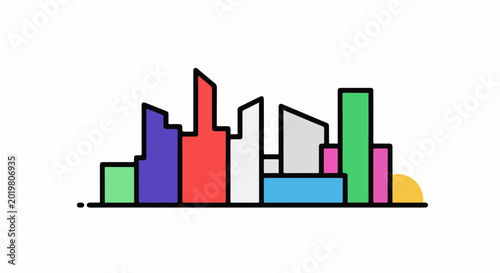 A vibrant, minimalist cityscape with colorful, geometric buildings against white