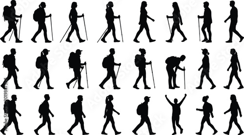 Cuadro en lienzo Hiking Backpacker and Walking People Silhouette Collection Featuring Trekking Ou