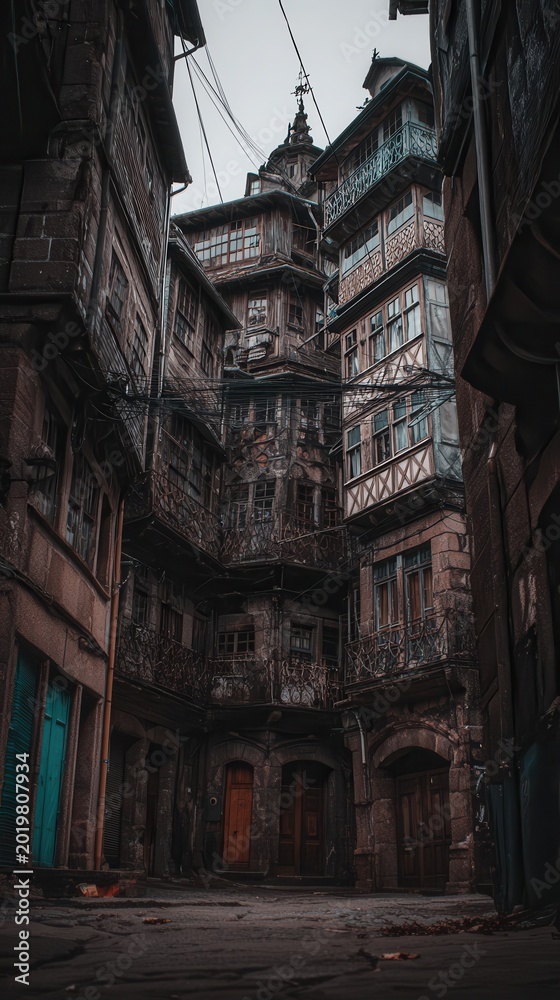 Fototapeta premium A narrow alleyway between aged, multi-story buildings.
