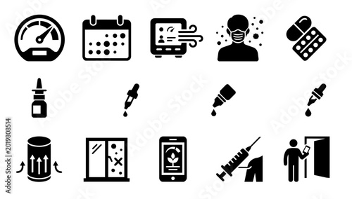 Schilderij op canvas Pollen Monitoring and Allergy Protection Silhouette Icons Set