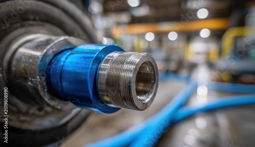 Blue plastic hose connector with textured surface for industrial or gardening use