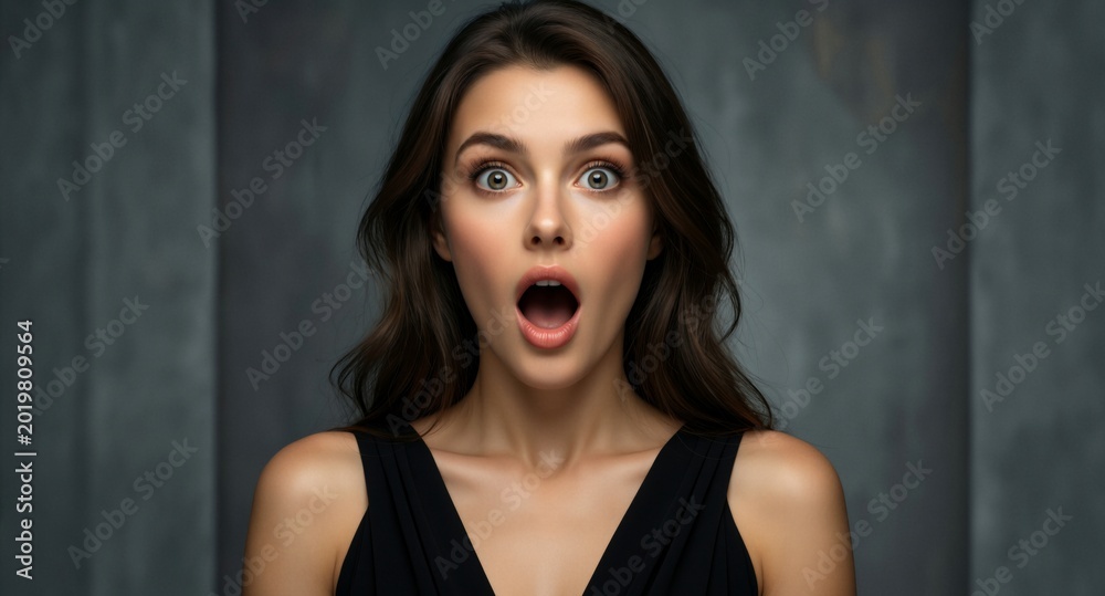 Fototapeta premium Surprised woman with wide eyes expressing shock and amazement in studio portrait