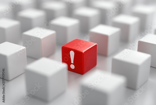 Bright red block with white exclamation mark sitting among white cubes in a 3d rendered scene