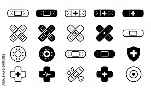Canvastavla Black and white adhesive plaster glyph and outline icon collection for emergency
