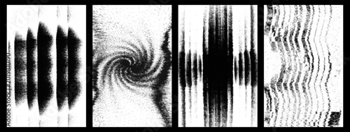 Halftone grunge texture pack spiral swirl vortex stripe glitch distortion black white abstract screenprint risograph overlay design asset