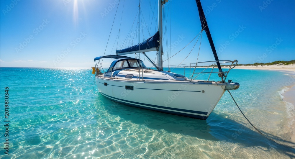 Fototapeta premium White sailboat anchored in crystal clear turquoise tropical ocean near sandy beach