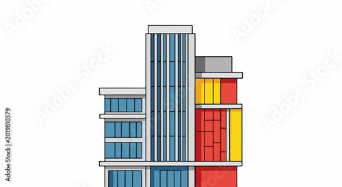 Abstract building with rectangular sections in blue, red, yellow, and grey