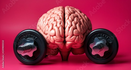 Brain training and mental fitness concept with dumbbells for cognitive strength and development