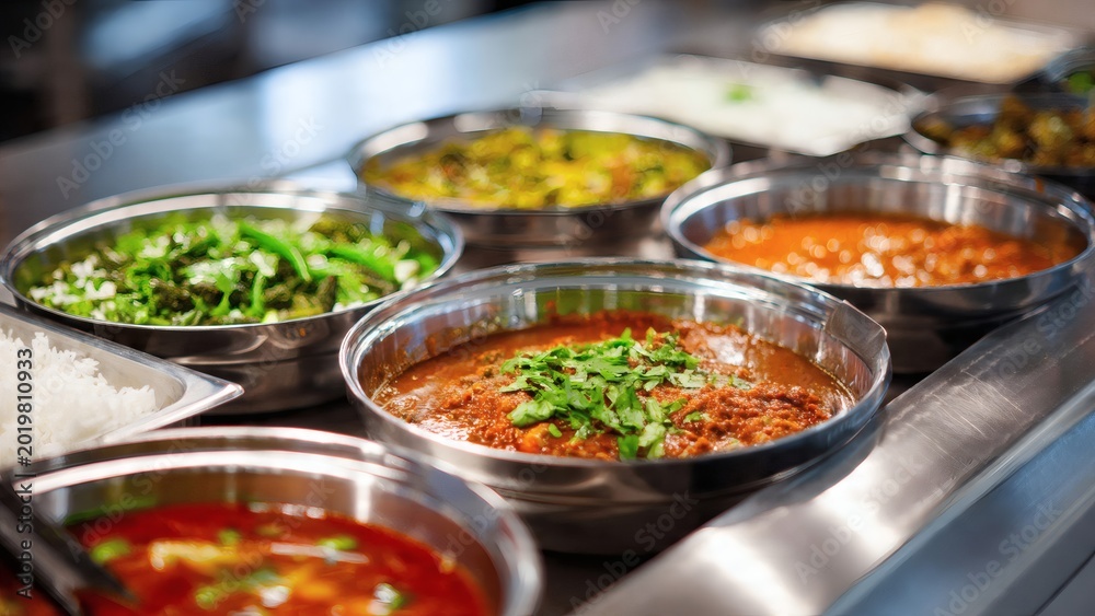 Fototapeta premium Buffet dishes filled with various gourmet meals sit in a professional kitchen warming station ready for service.