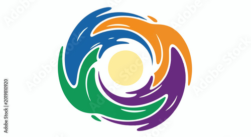 Abstract circular design with flowing, multicolored shapes around a central yellow circle