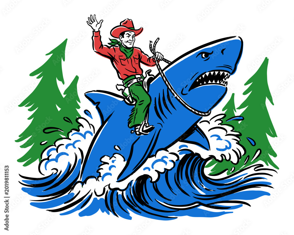 Fototapeta premium Retro style cowboy riding a blue shark. Western rodeo shark adventure. Cowboy graphic print. Western vintage artwork. T shirt print design.