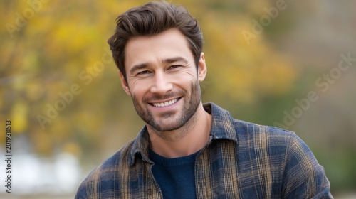 A cheerful man stands outdoors, surrounded by bright yellow and orange leaves. His warm smile reflects the beauty of the changing seasons as he enjoys a sunny autumn day in the park