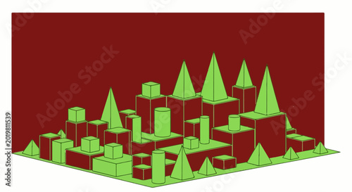 Abstract cityscape illustration with geometric shapes in a dark red and light green palette