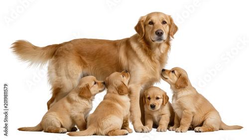 Quadro su tela Golden Retriever mother dog with four puppies, isolated on transparent backgroun
