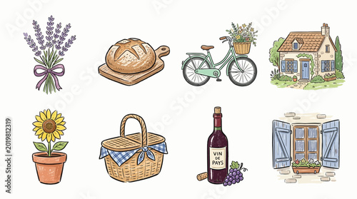 Картината върху платно A charming collection of French-themed illustrations, featuring a rustic house, bicycle, lavender, sunflower, bread, wine, picnic basket, and window