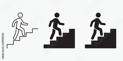 Photos person climbing stairs icon set line art and solid black silhouettes on white