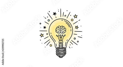 Glowing light bulb with brain inside, symbolizing ideas, creativity, and innovation