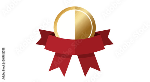 Golden Award Medal with Red Ribbon Bow, Symbol of Victory and Achievement