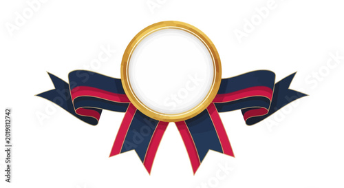 Gold Medal Ribbon Award Frame with Blue and Red Ribbons, Empty Space for Text