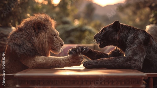 Hyper realistic lion vs black panther arm wrestling at a wooden table in a luxury safari park, sitting like humans, gripping each otherâ€™s wrists, cinematic sunset lighting, detailed fur