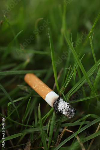 Used cigarette polluting green grass in natural environment