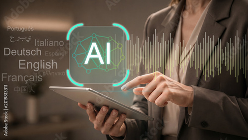 AI voice translation and speech recognition concept. Multilingual communication, language localization and voice processing. Businesswoman using tablet for AI translation