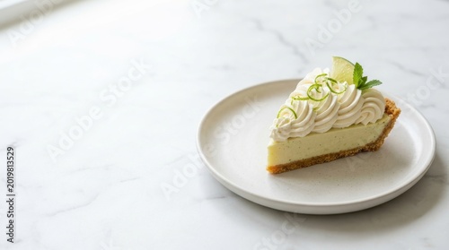 Gourmet Key Lime Pie Slice on White Marble Surface, Website Banner and Hero Header with Copy Space, Minimalist Food Photography for Restaurant Menu and Culinary Design