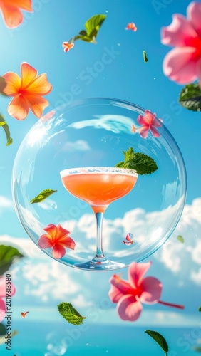 Floating tropical cocktail in a transparent dream bubble
