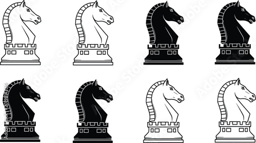 Tableau sur toile Chess knight piece collection with black and white strategy game symbols vector