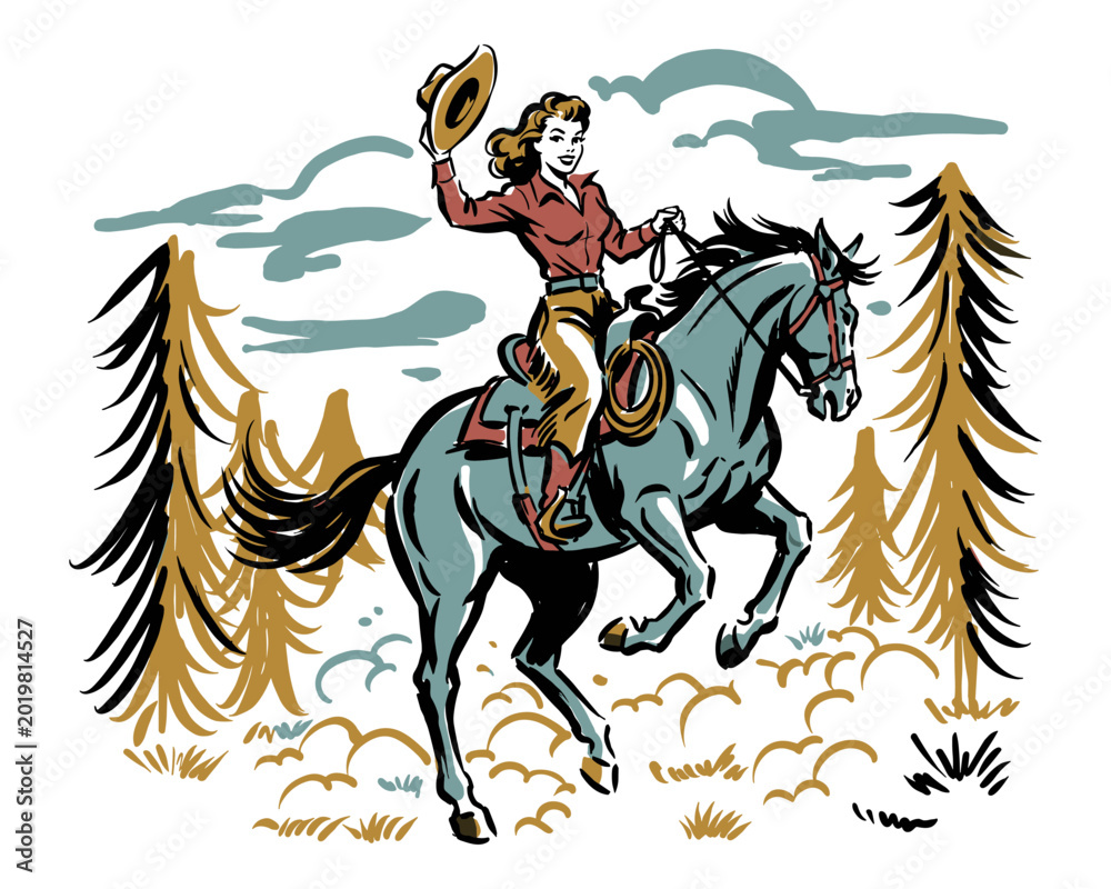 Fototapeta premium Retro cowgirl on a horse. Western vintage artwork. Wild west rodeo design. Cowboy graphic print. T shirt print design.