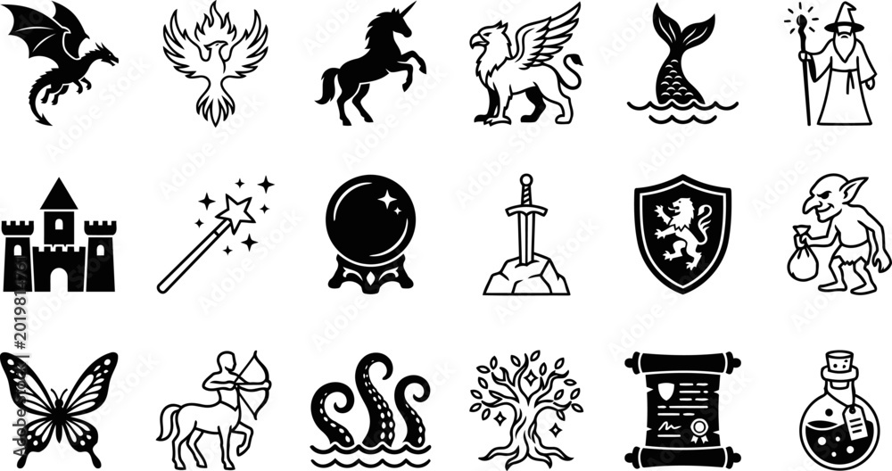 Fototapeta premium Fantasy Adventure Icon Set with Mythical Creatures Magic Items and Medieval Symbols