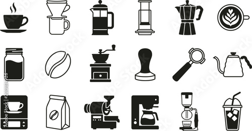 Tableau sur toile Coffee Brewing Equipment Icons Set with Portafilter French Press Moka Pot Roaste